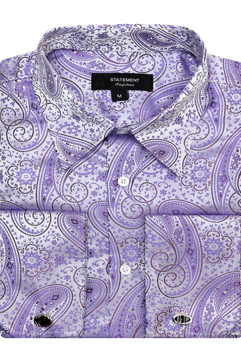 Men's Fancy French Cuff Long Sleeve Dress Shirt in Lavender Paisley - Small