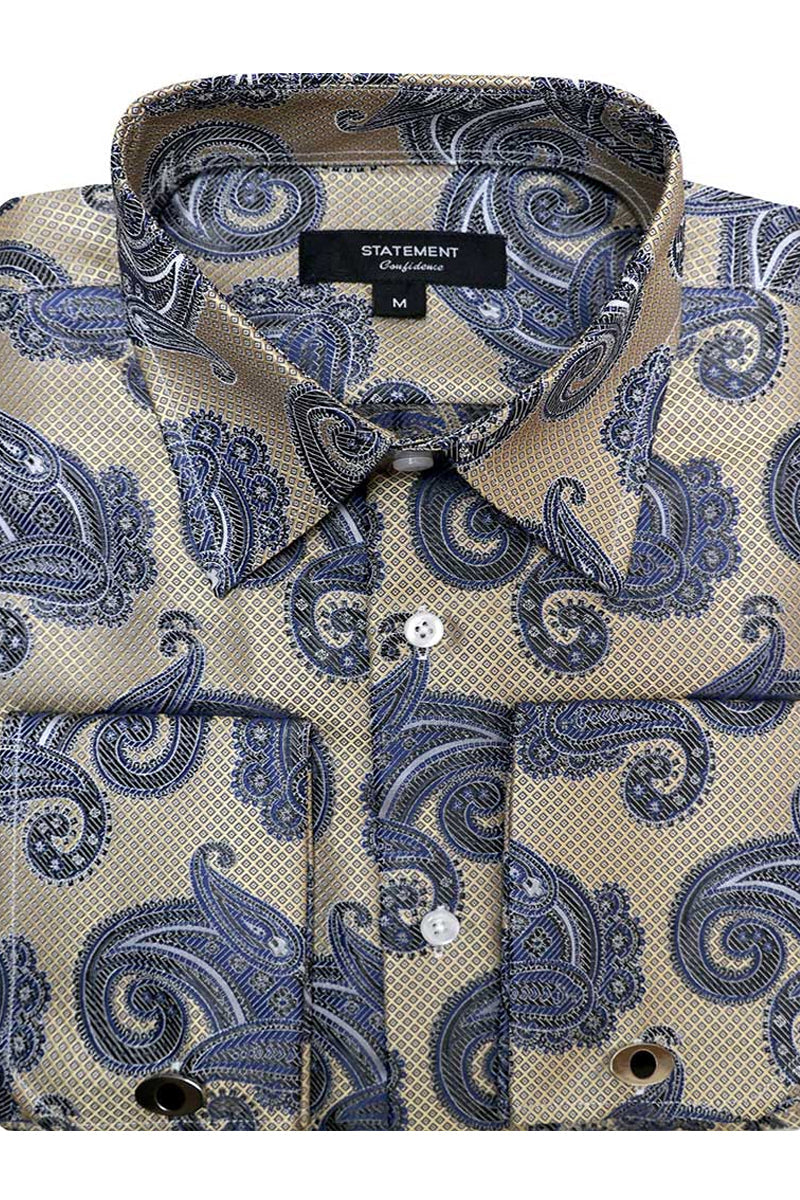 Men's Fancy French Cuff Long Sleeve Dress Shirt in Tan & Blue Paisley - Small