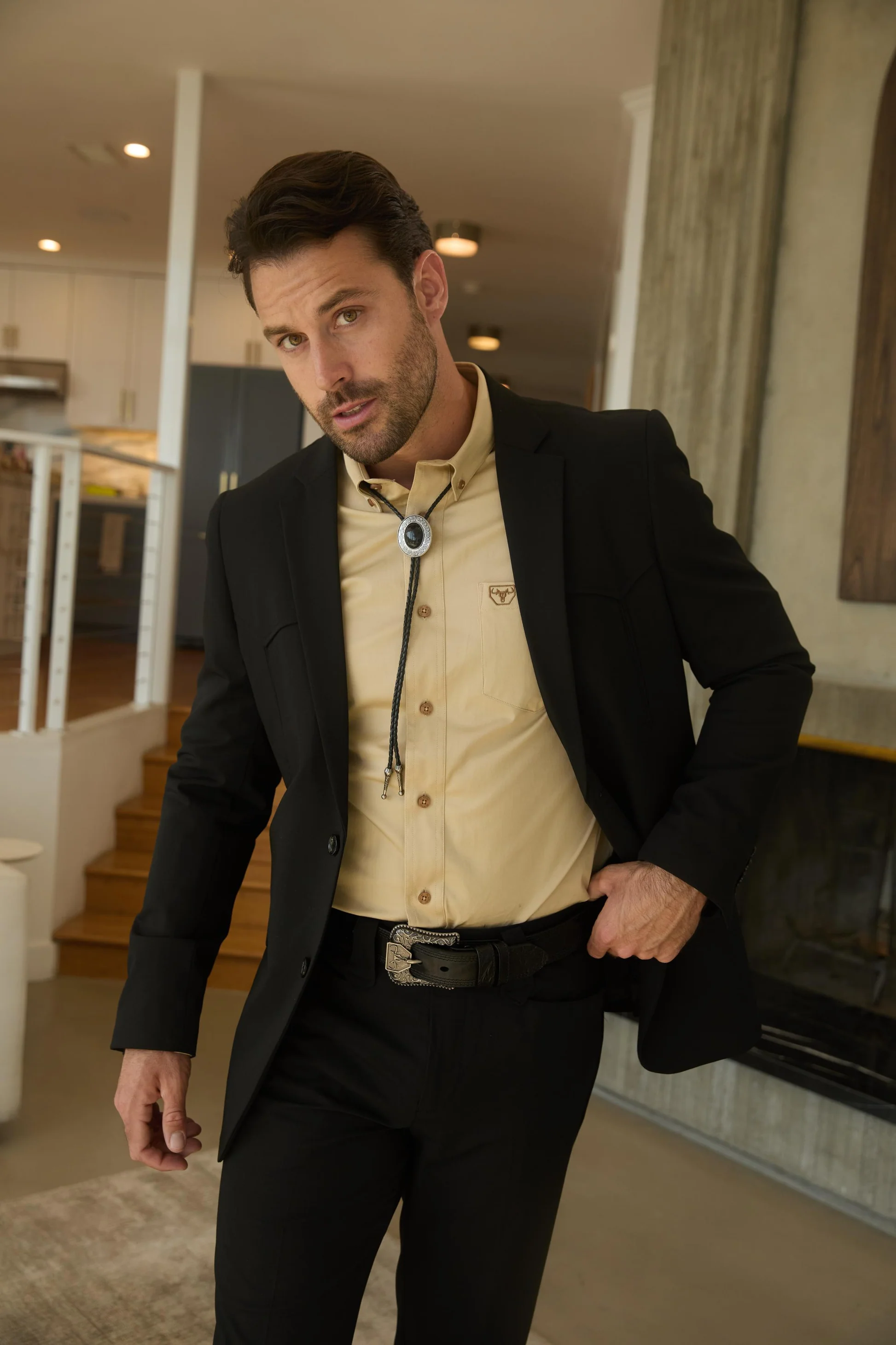 Mens Black Western Sport Suit with Elbow Patch Detail - 34 Short or Extra Small