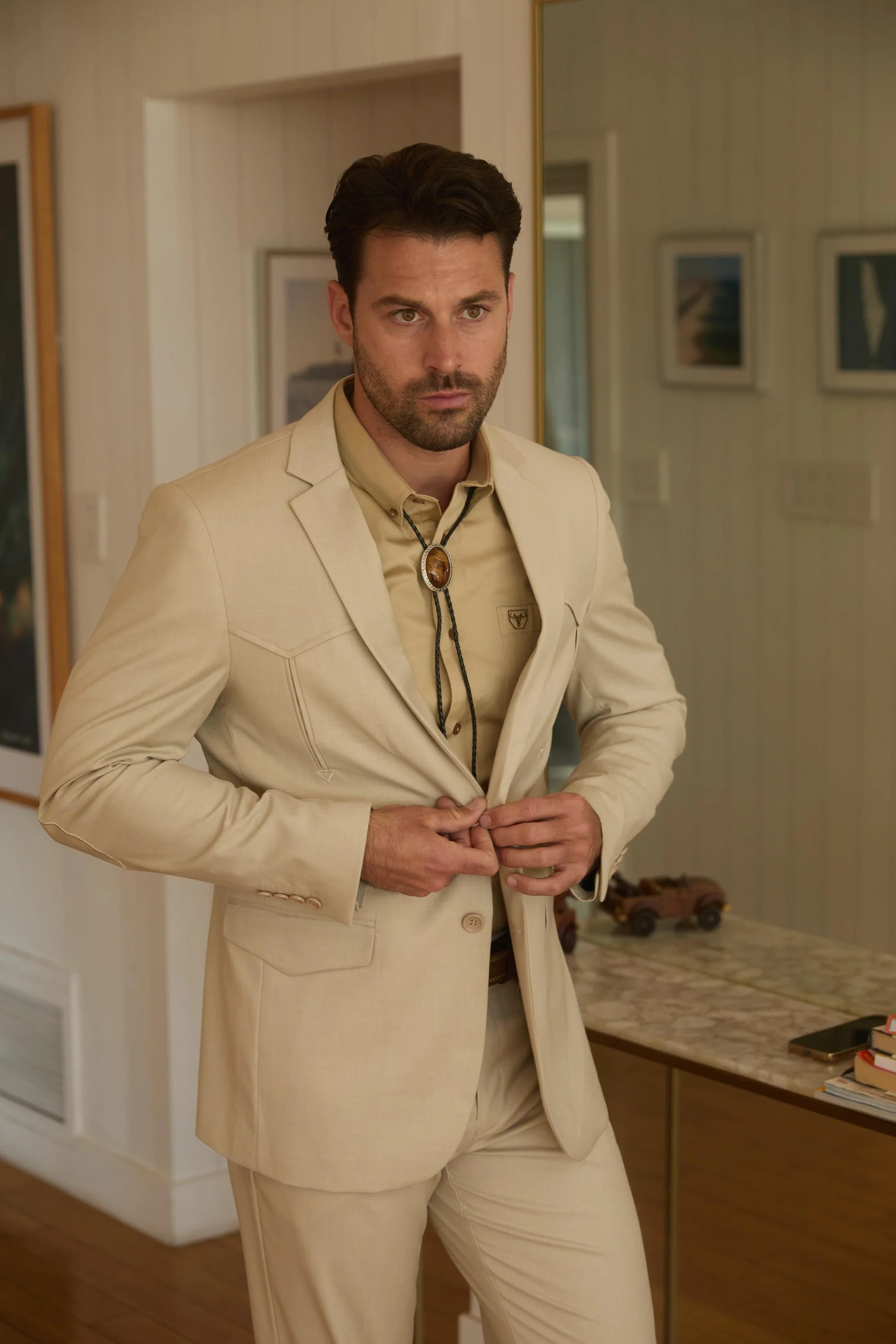 Mens Western Beige Suit with Elbow Patches – Classic Smart Casual Style - 34 Short or Extra Small