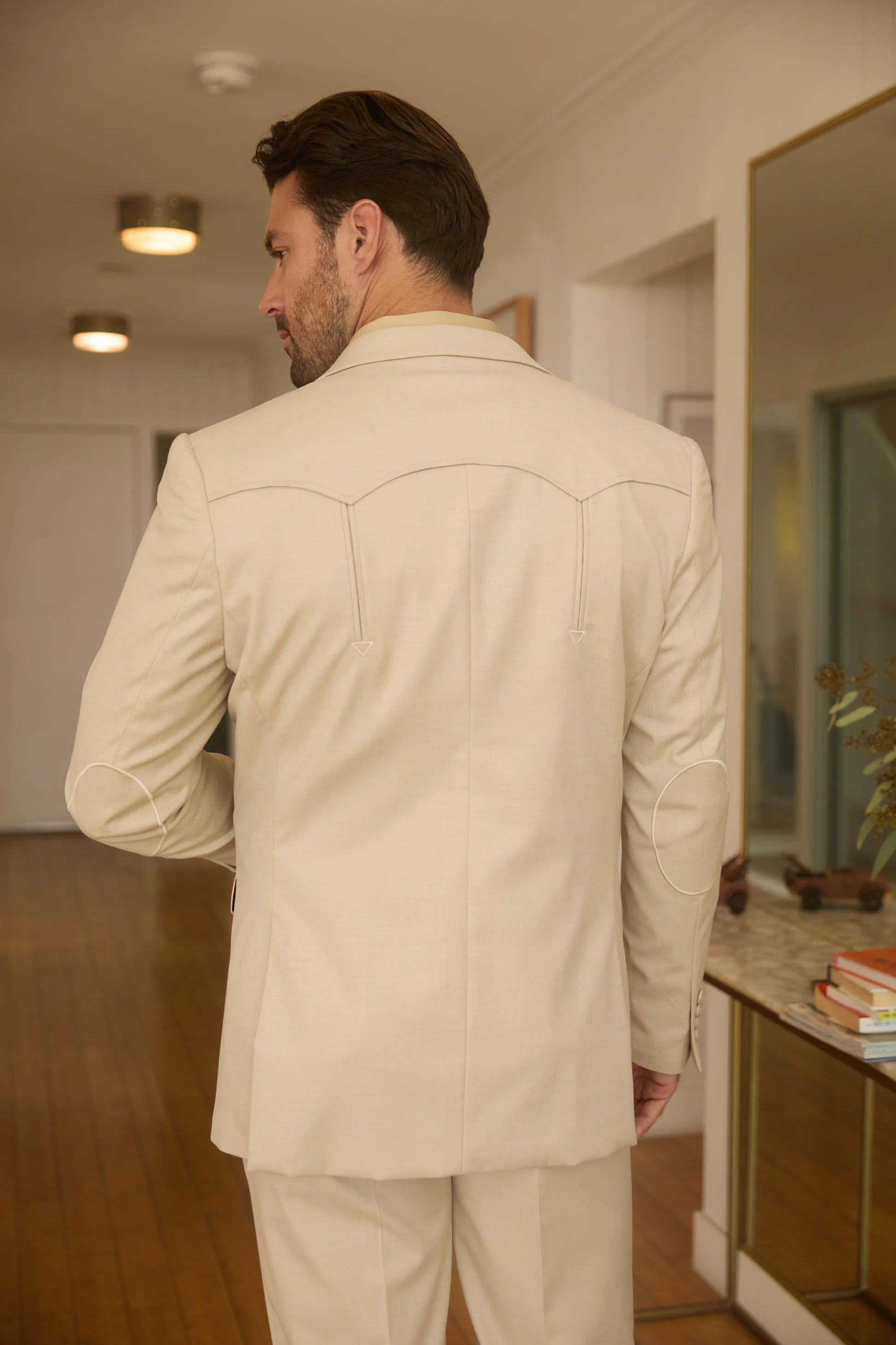 Mens Western Beige Suit with Elbow Patches – Classic Smart Casual Style - 34 Short or Extra Small