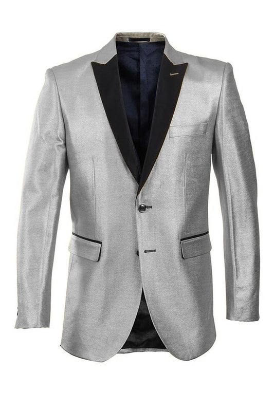 "Slim Fit Men's Satin Tuxedo Blazer - Silver & Black, Stylish Elegance"