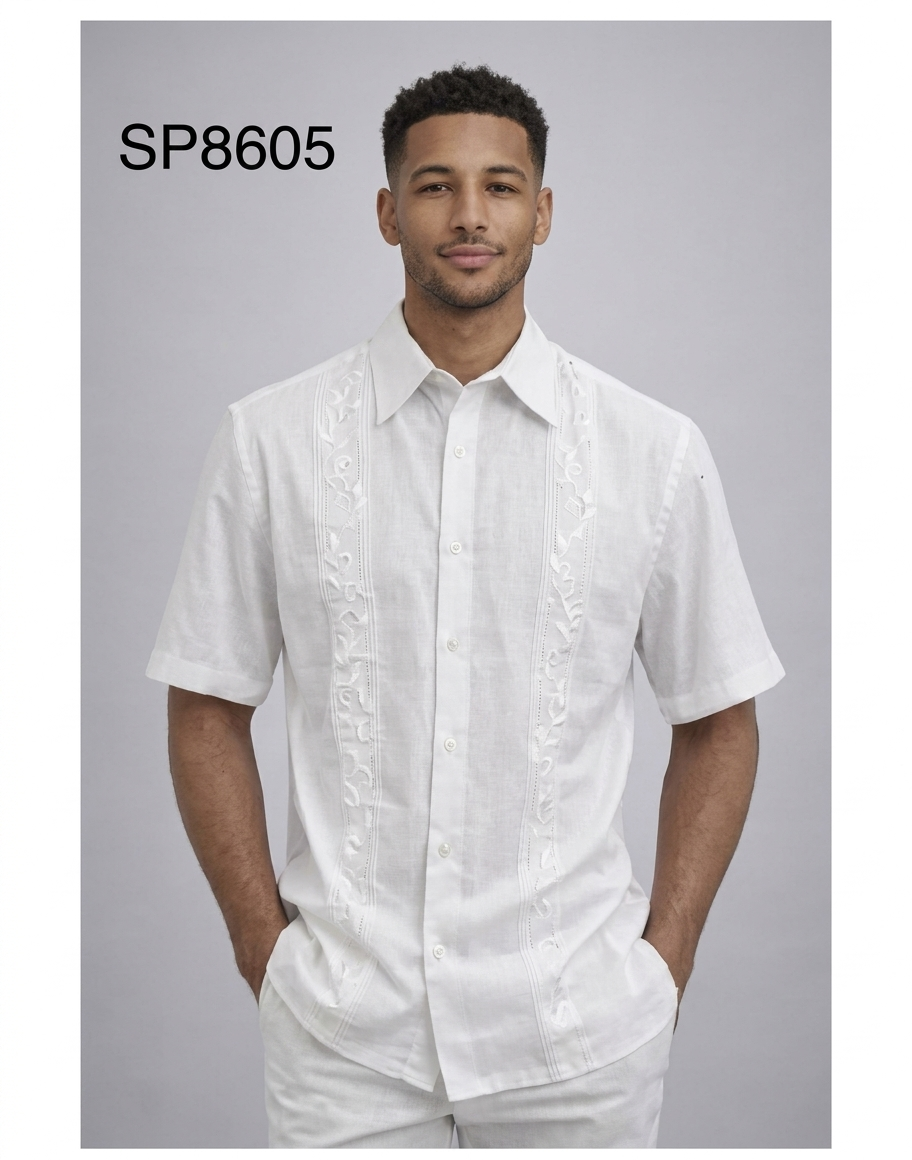 Men’s White Embroidered Walking Suit Set – 2 Piece Short Sleeve Casual Outfit - S