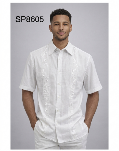 Men’s White Embroidered Walking Suit Set – 2 Piece Short Sleeve Casual Outfit
