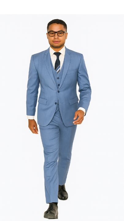 Sharkskin Textured 3-Piece Steel Blue - Dusty Blue Suit - 38 Short Jacket+32 Waist Adjustable 28to34)(Height: 5’4”to5’7”)(Neck 15-16.5)S-M)