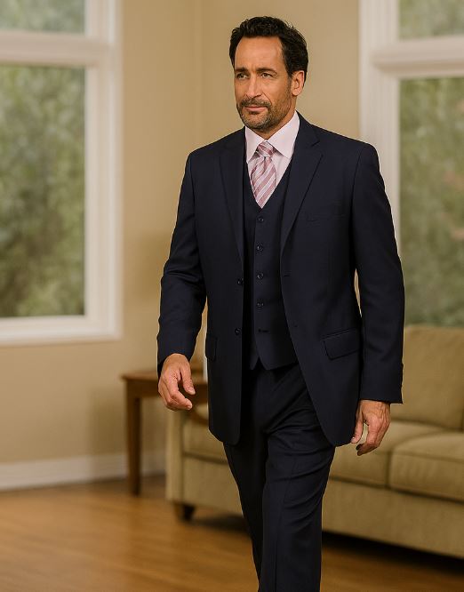 Classic Fit - Navy Suit - Three Button Vested Suit - Athletic Fit - 36 Regular Jacket+30 Waist Adjustable 26to32)Height: 5'7"-6')(Neck: 14.5-16:S)