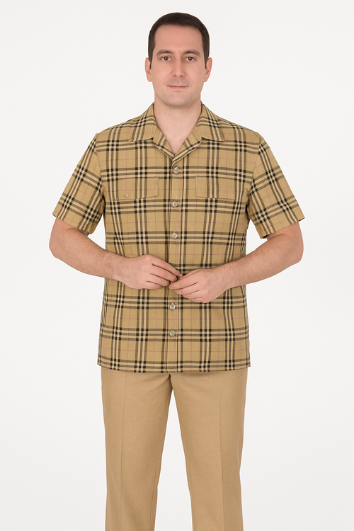 Beige Plaid Button-Up Shirt for Men â€“ Casual to Semi-Formal