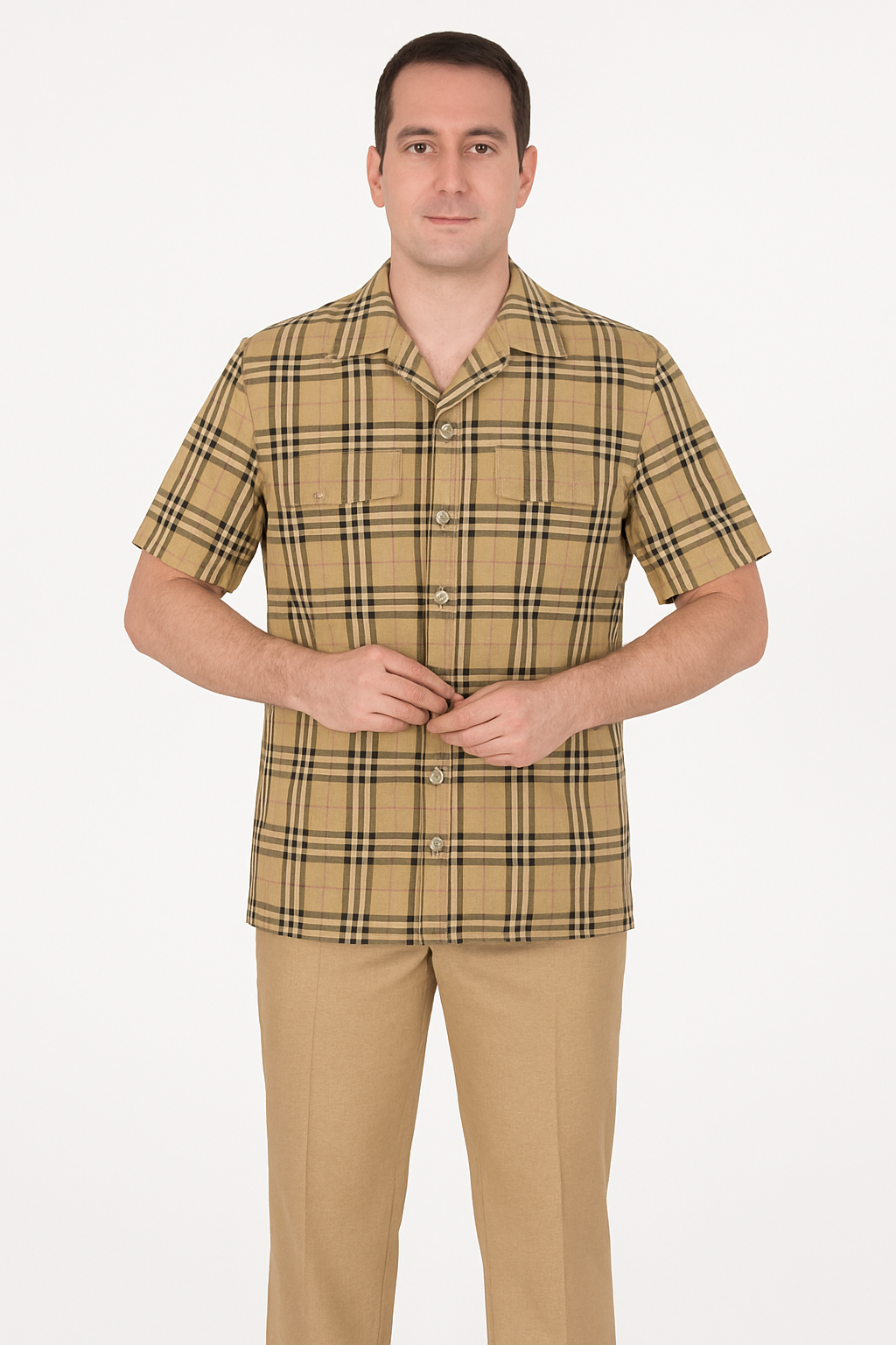 Beige Plaid Button-Up Shirt for Men â€“ Casual to Semi-Formal