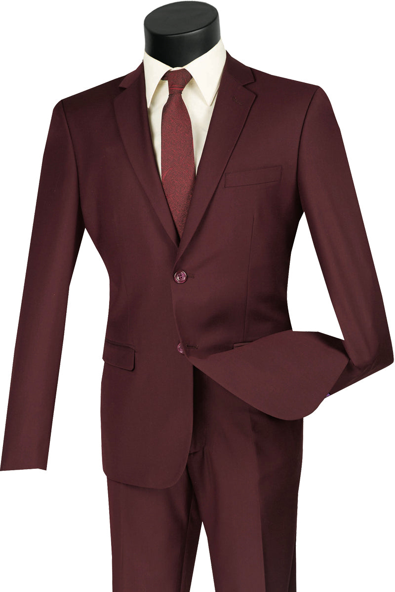 Mens Ultra Slim Fit Wool Feel Suit in Burgundy - 36 Short