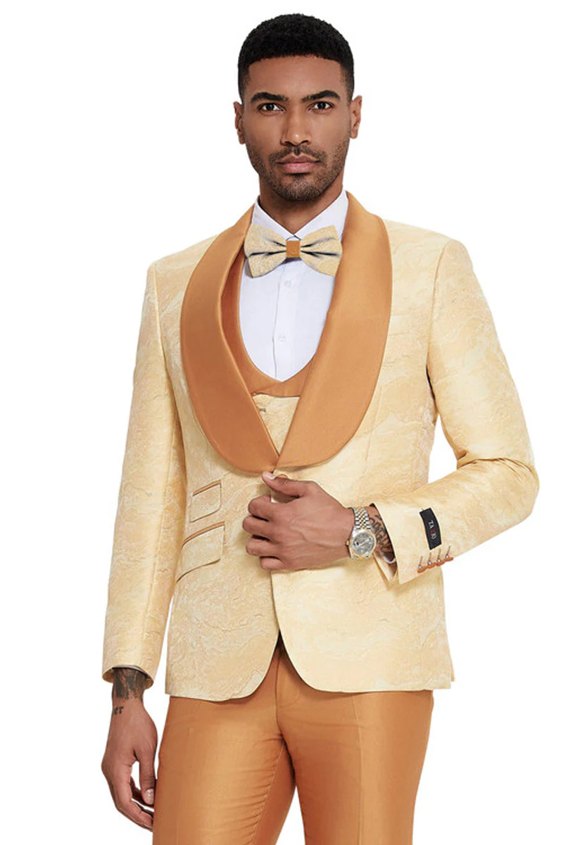 Mens Slim Fit Vested Wedding Prom Shawl Lapel Paisley Tuxedo in Gold - 34 Short or Extra Small