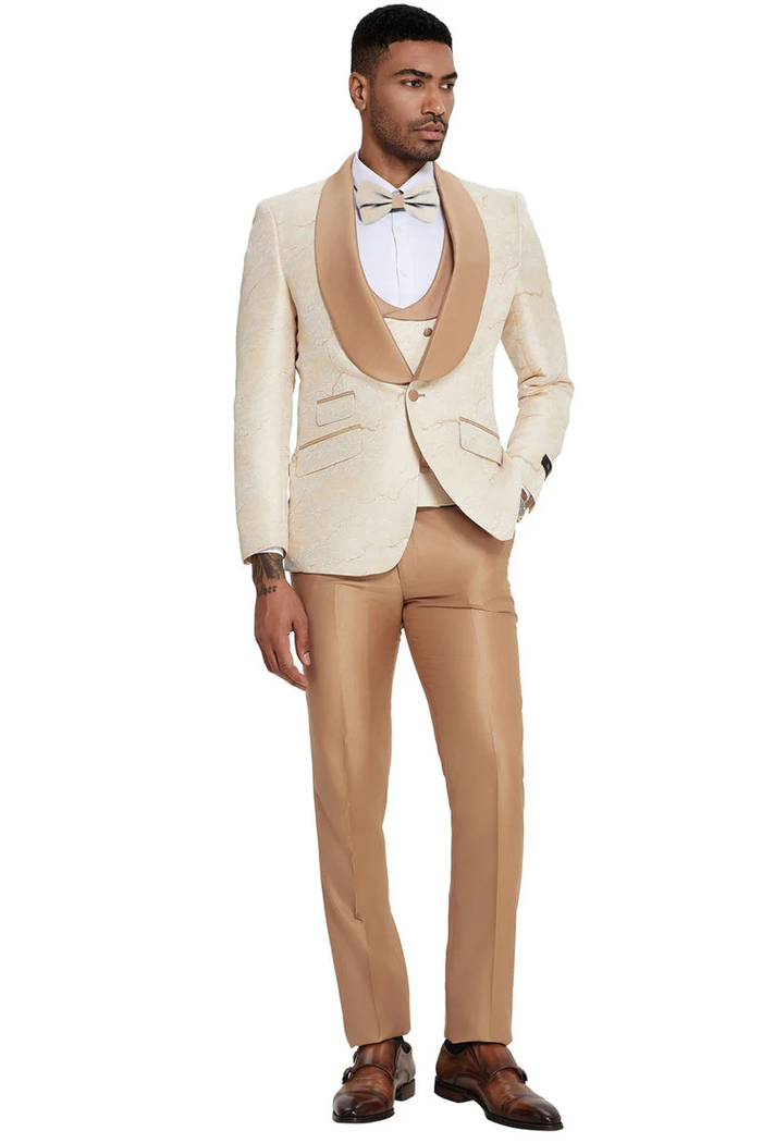 Mens Slim Fit Vested Wedding Prom Shawl Lapel Paisley Tuxedo in Gold