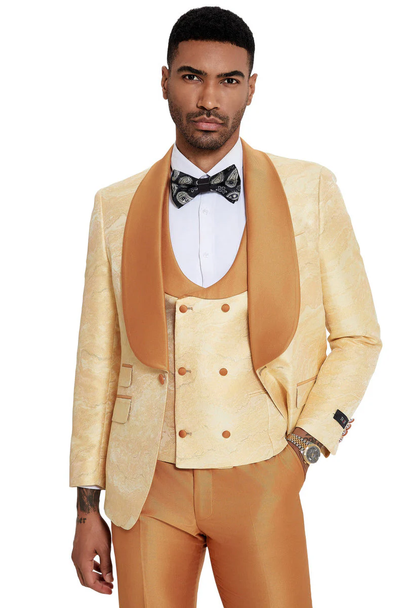 Mens Slim Fit Vested Wedding Prom Shawl Lapel Paisley Tuxedo in Gold - 34 Short or Extra Small