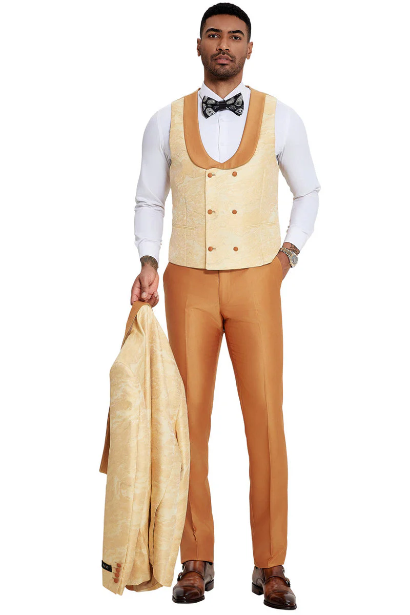 Mens Slim Fit Vested Wedding Prom Shawl Lapel Paisley Tuxedo in Gold - 34 Short or Extra Small