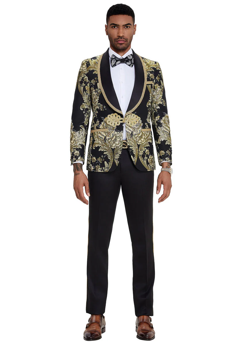 Mens One Button Shawl Lapel Wedding Prom Tuxedo in Shiny Black Paisley - 34 Short or Extra Small