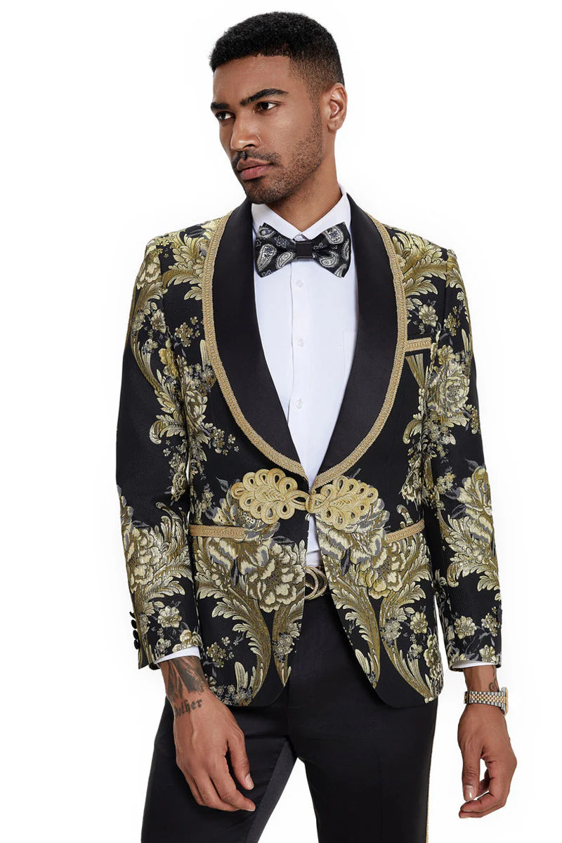Mens One Button Shawl Lapel Wedding Prom Tuxedo in Shiny Black Paisley - 34 Short or Extra Small