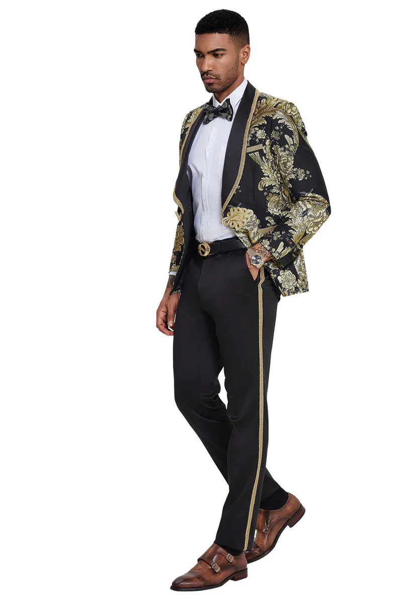 Mens One Button Shawl Lapel Wedding Prom Tuxedo in Shiny Black Paisley - 34 Short or Extra Small
