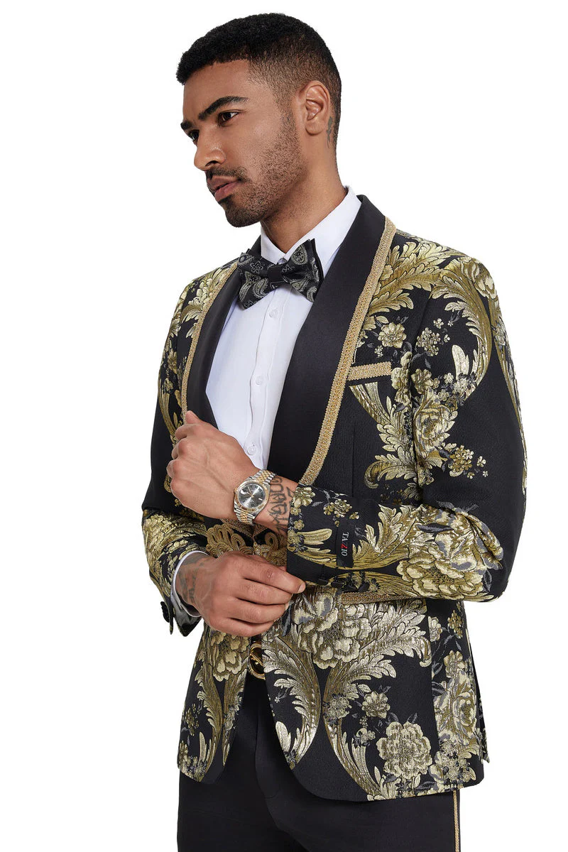 Mens One Button Shawl Lapel Wedding Prom Tuxedo in Shiny Black Paisley - 34 Short or Extra Small