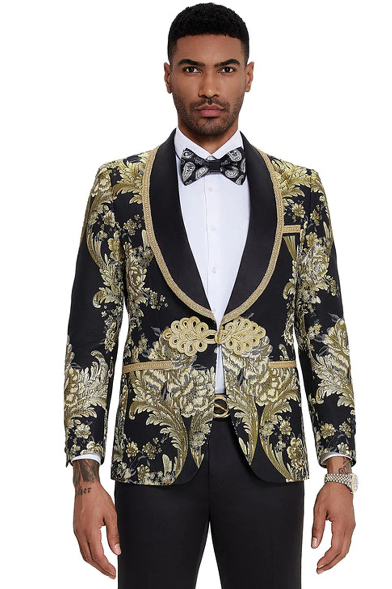 Mens One Button Shawl Lapel Wedding Prom Tuxedo in Shiny Black Paisley - 34 Short or Extra Small