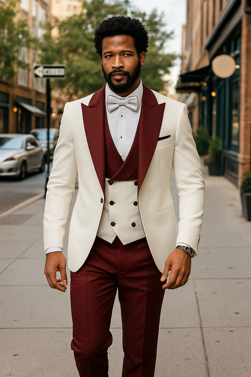Hilton White and Burgundy Paisley Peak Lapel Tuxedo Jacket with Matching Shawl Vest and Wool Pants Includes Bow Tie