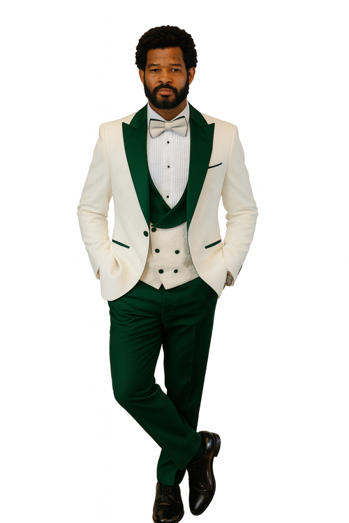Hilton White and Hunter Green Paisley Peak Lapel Tuxedo Jacket with Matching Shawl Vest and Wool Pants Includes Bow Tie