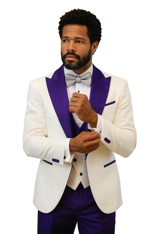 Hilton White and Purple Paisley Peak Lapel Tuxedo Jacket with Matching Shawl Vest and Wool Pants Includes Bow Tie