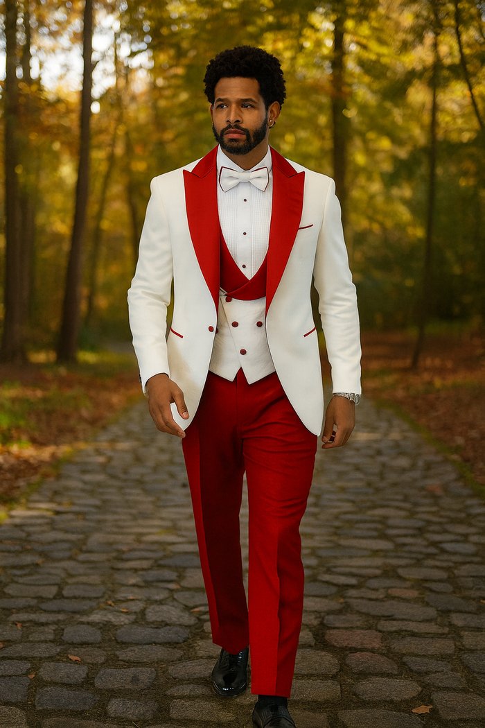 Hilton White and Red Paisley Peak Lapel Tuxedo Jacket with Matching Shawl Vest and Wool Pants Includes Bow Tie