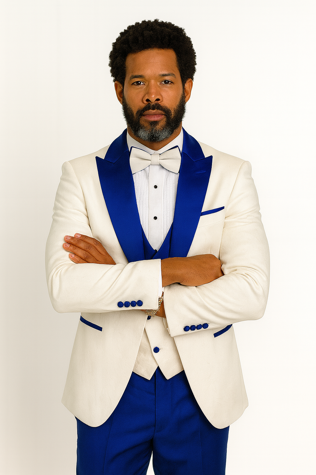 Hilton White and Royal Blue Paisley Peak Lapel Tuxedo Jacket with Matching Shawl Vest and Wool Pants – Includes Bow Tie - 34 Short or Extra Small
