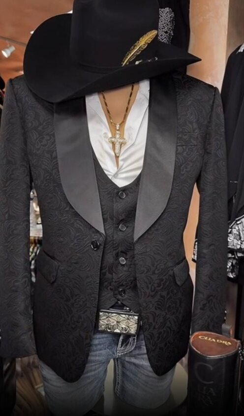 Men’s Black Paisley Jacquard Western Formal Blazer with Satin Shawl Lapel, Designer Jacket