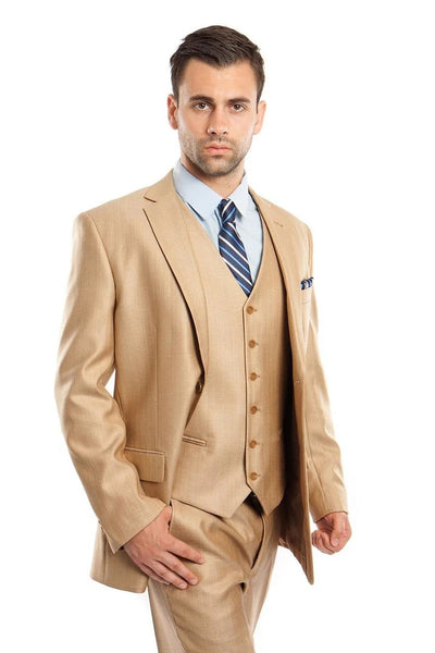 Cheap Priced Suit - Men's Two Button Vested Textured Sharkskin Business Wheat Suit