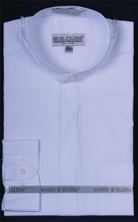 Oriental Mao Chines Style No Collar Banded Collar Preacher Round Style Collarless Mandarin White Men's Dress Shirt - Small 14.5" Neck / 32-33" Sleeve