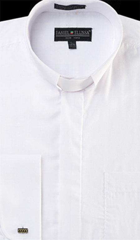 Best Designer Sale Men's Banded Collar Preacher Round Style Clergy Mandarin Collarless - French Cuff White Men's Dress Shirt