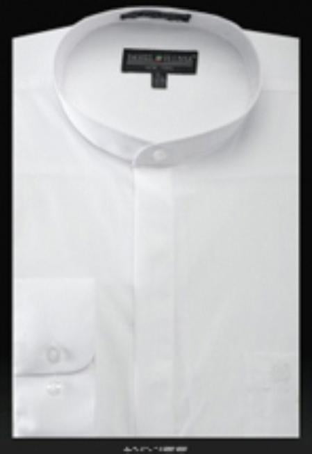 Oriental Mao Chines Style No Collar Basic Banded Collar Mandarin Collarless Preacher Round Style White Men's Dress Shirt - Small 14.5" Neck / 32-33" Sleeve