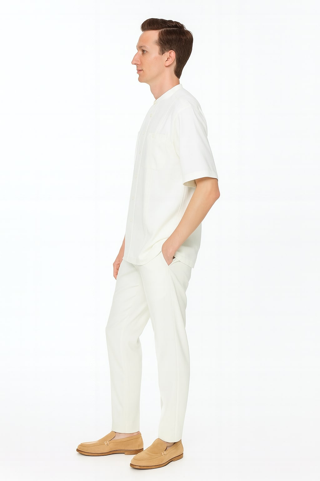 Mens White Banded Collar Two-Piece Set – Short Sleeve Shirt and Pants Banded Collar Linen Fabric - S