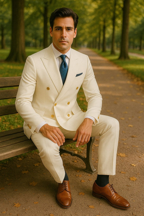 Mens White Double-Breasted Suit with Gold Buttons â€“ Formal Slim Fit 2-Piece Set