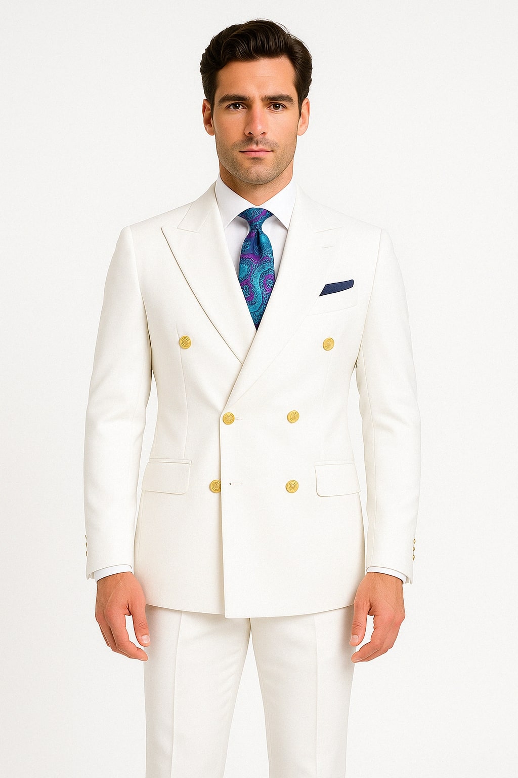 34 Mens White Double-Breasted Suit with Gold Buttons – Formal Slim ...