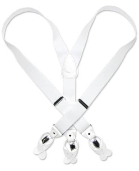 Solid White Suspenders For Men Elastic Y-Back Button & Clip-On Man's - One Size Fits All