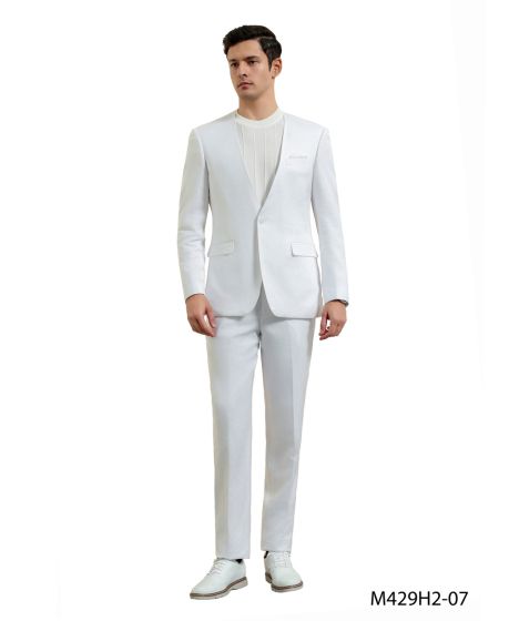 White Linen Suit For Summer - Collarless Blazer and Pants Collarless Lapel - No Lapel Casual! - 34 Short or Extra Small