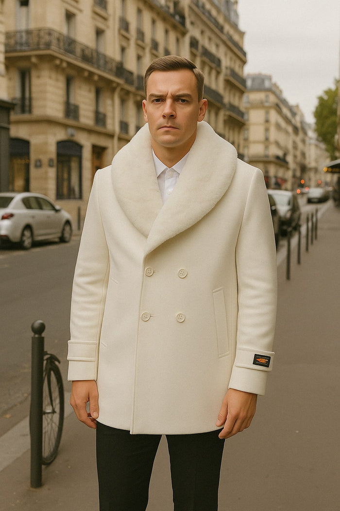 Mens White Peacoat Double-Breasted Overcoat with Faux Fur Shawl Collar â€“ Alberto Nardoni Collection Wool Fabric
