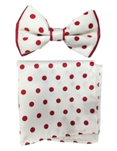 Mens New Years Outfit-Men's White / Red Polyester Satin Dual Colors (Red Polka Dot) Bowtie With Hankie - Men's Neck Ties - Mens Dress Tie - Trendy Mens Ties - One Size