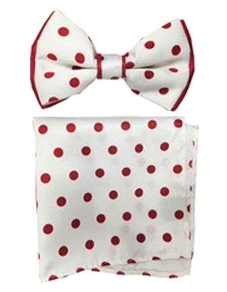 Mens New Years Outfit-Men's White / Red Polyester Satin Dual Colors (Red Polka Dot) Bowtie With Hankie - Men's Neck Ties - Mens Dress Tie - Trendy Mens Ties
