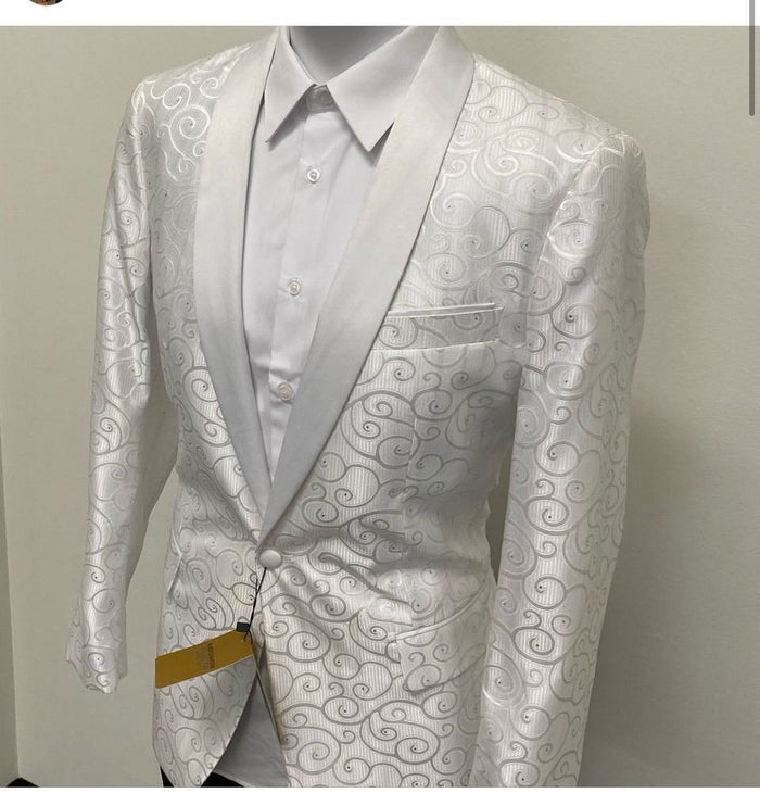 Mens White Swirl Pattern Tuxedo Jacket with White Satin Shawl Lapel
