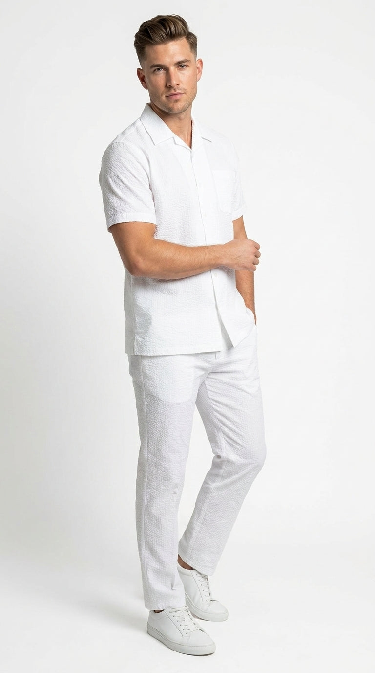 Mens White Seersucker Shadow Pinstripe Fabric 2 Piece Walking Set, Short Sleeve Shirt and Pants Summer Outfit - Small