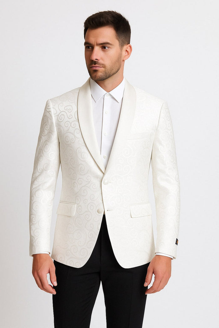 Mens White Swirl Pattern Tuxedo Jacket with White Satin Shawl Lapel