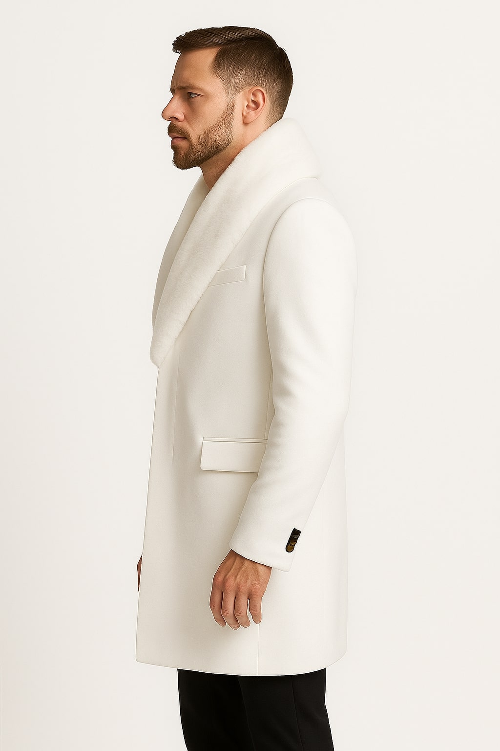 Mens White Wool Overcoat with Plush Faux Fur Shawl Collar â€“ Alberto Nardoni Formal Winter Coat - Coat Size 38