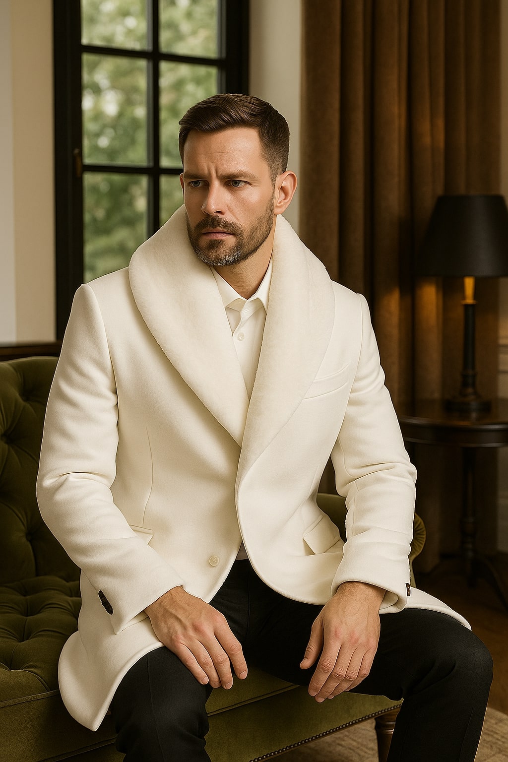 Mens White Wool Overcoat with Plush Faux Fur Shawl Collar â€“ Alberto Nardoni Formal Winter Coat - Coat Size 38