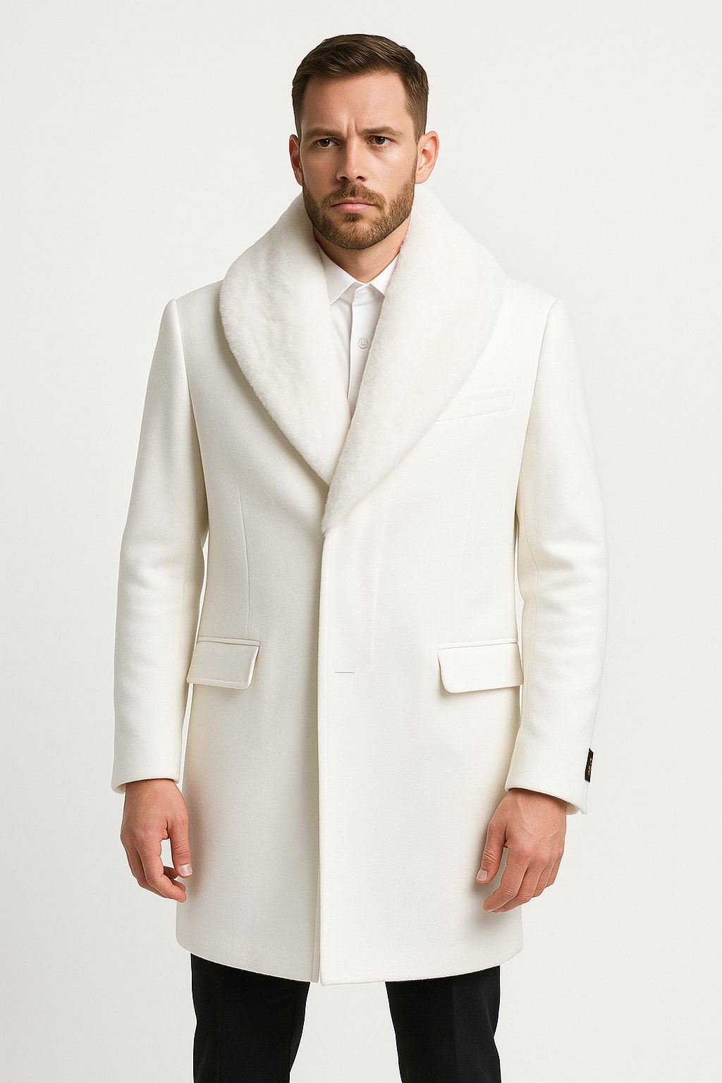 Mens White Wool Overcoat with Plush Faux Fur Shawl Collar â€“ Alberto Nardoni Formal Winter Coat - Coat Size 38