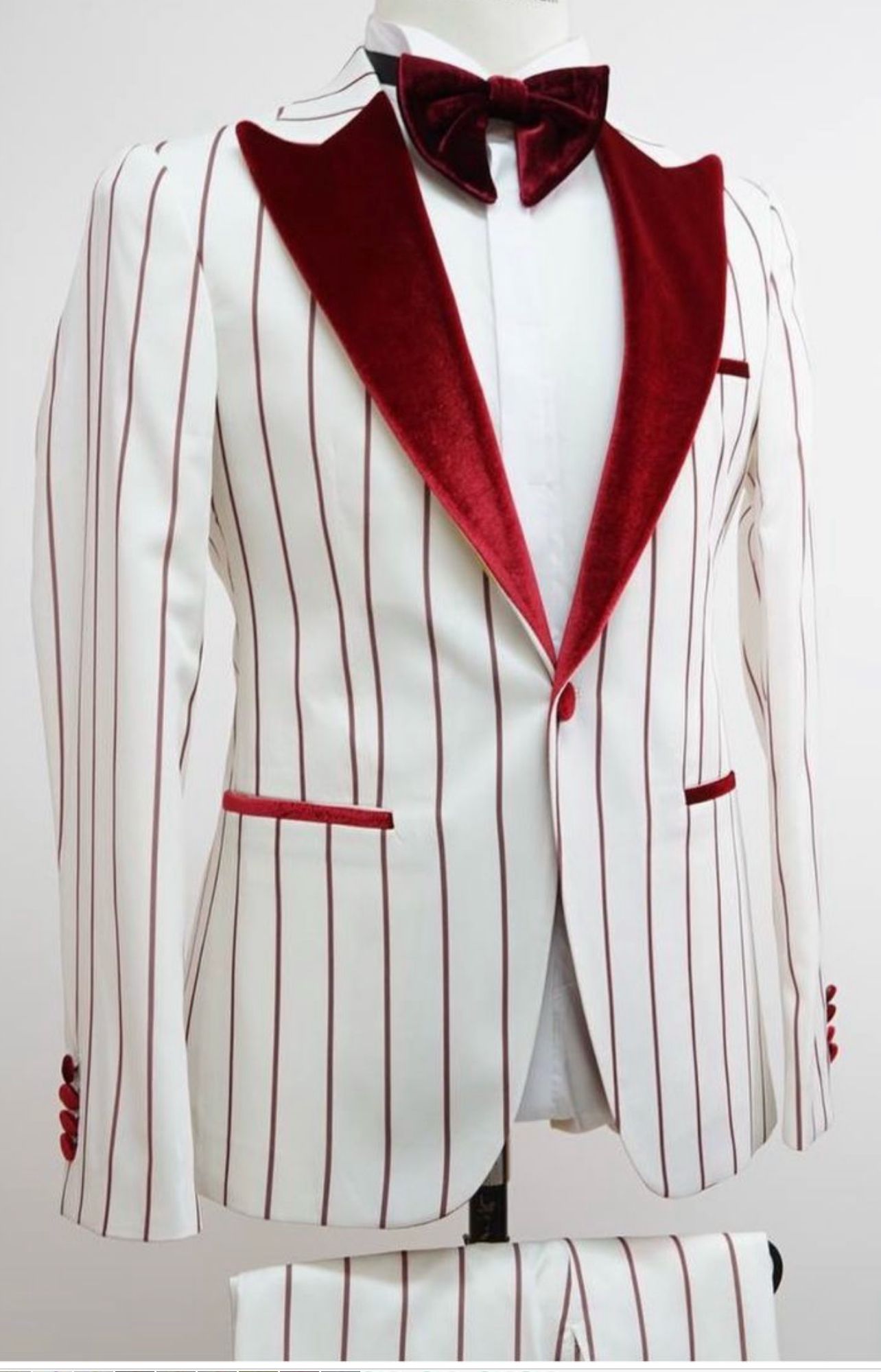 Mens White and Burgundy Pinstripe Tuxedo with Velvet Shawl Lapel and Matching Bow Tie - 34 Short or Extra Small