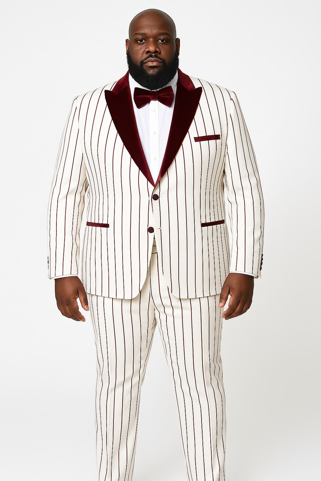Mens White and Burgundy Pinstripe Tuxedo with Velvet Shawl Lapel and Matching Bow Tie - 34 Short or Extra Small