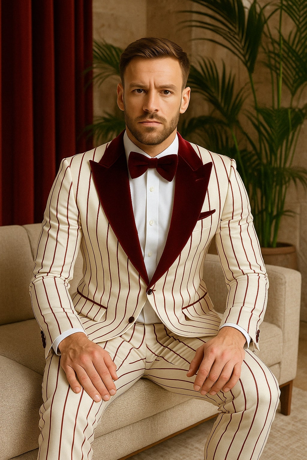 Mens White and Burgundy Pinstripe Tuxedo with Velvet Shawl Lapel and Matching Bow Tie - 34 Short or Extra Small