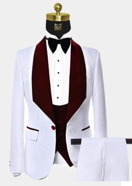 Men One Button Floral White and Burgundy Tuxedo – 3 Piece - Coat Size 38